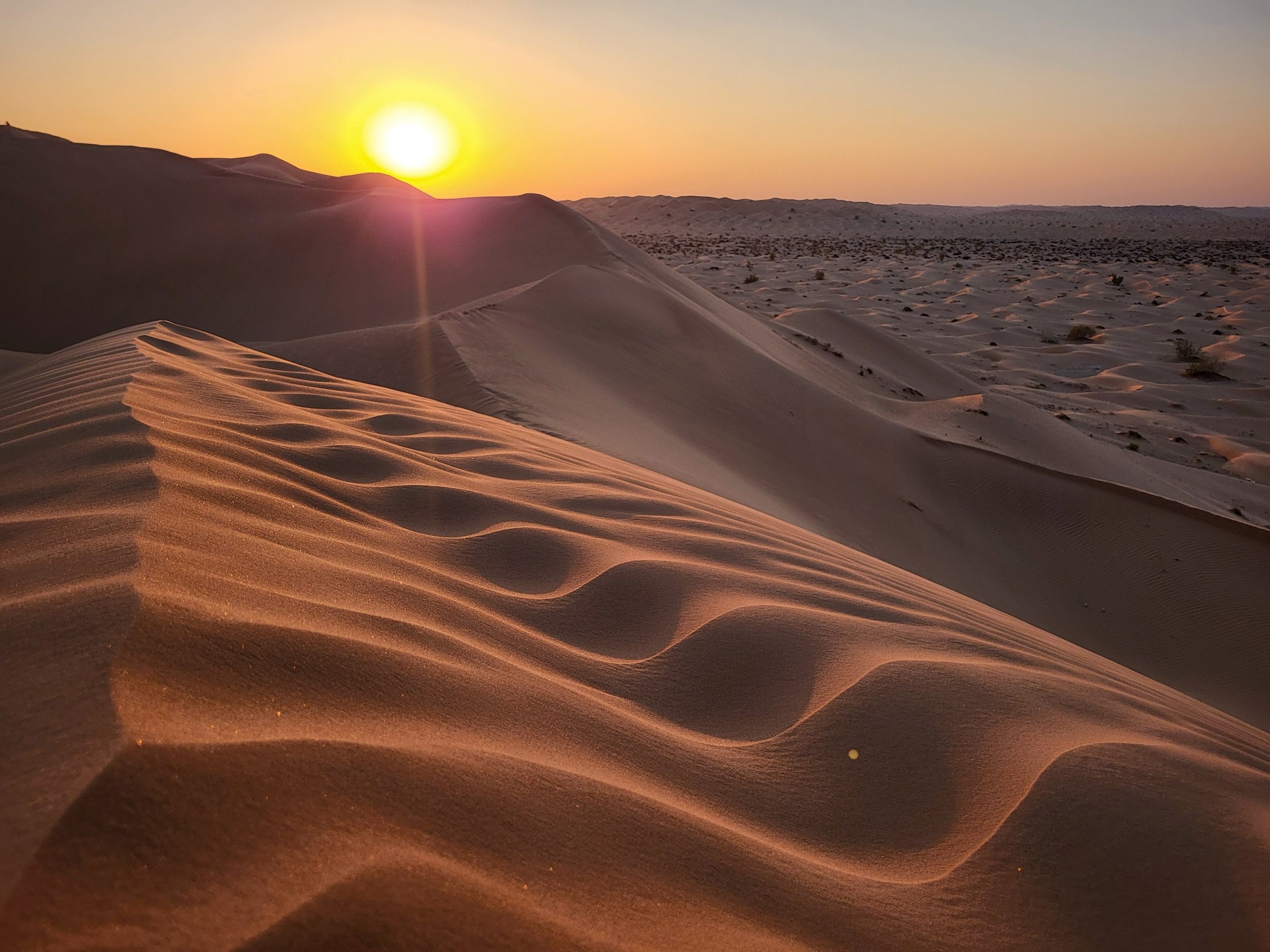 Rimpels in het zand van de Wahiba Sands, de zon zakt achter de duinen