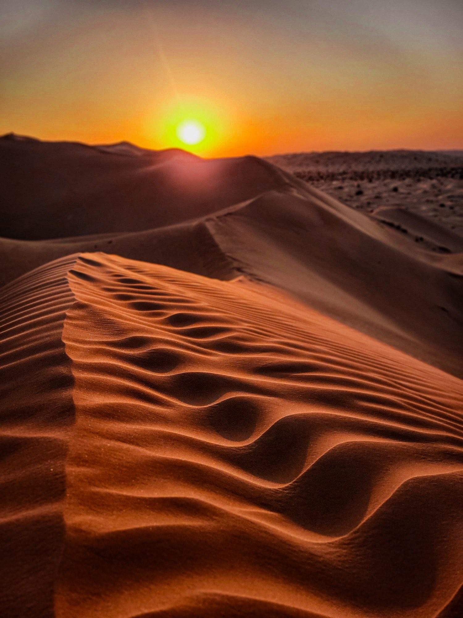 Rimpels in het zand, kort voor zonsondergang in de Wahiba Sands