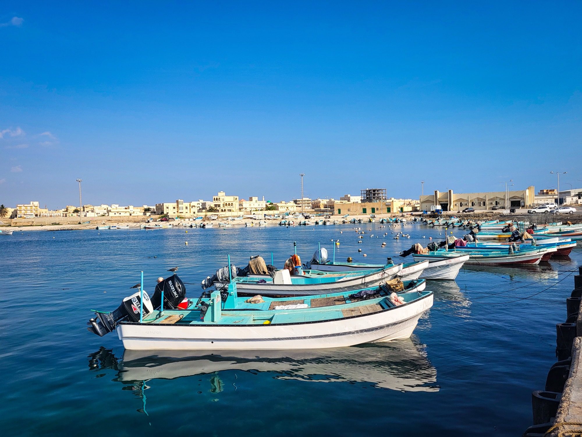 Vissersboten in een haven aan de kust van Dhofar